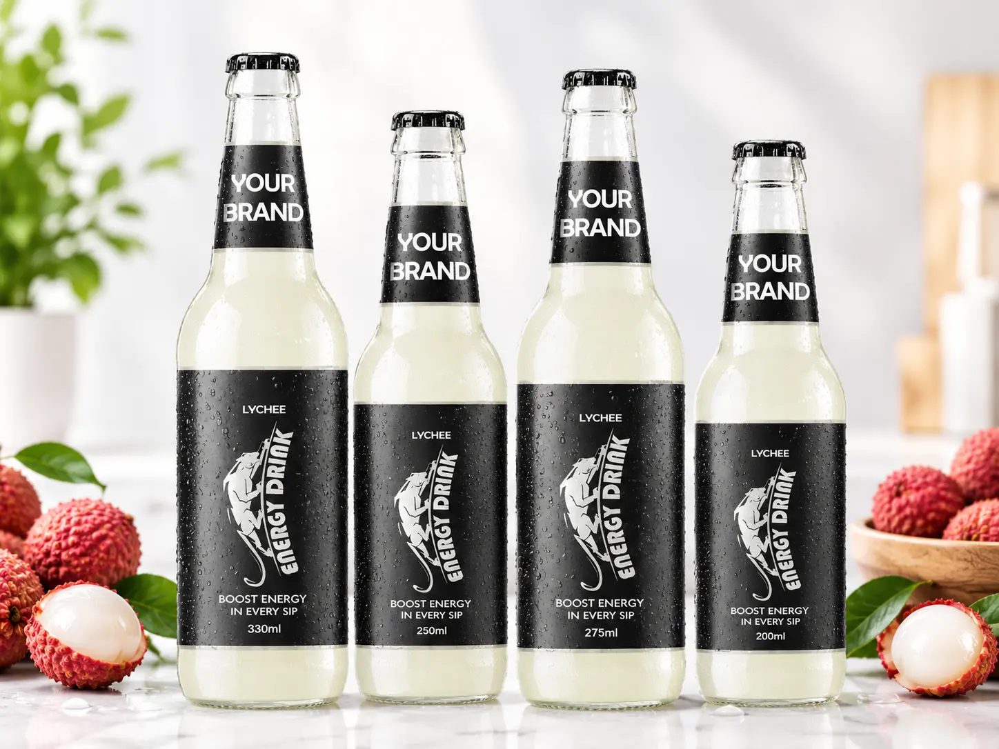ENERGY DRINK Lychee flavour in 330ml, 250ml, 275ml and 200ml glass bottles.